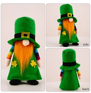 St. Patrick's Day green gnome plush doll with festive shamrock and bright orange beard.