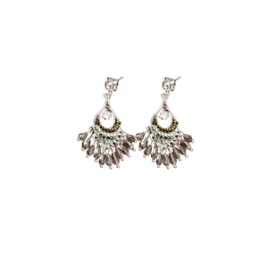 Ethnic style fan-shaped tassel earrings with rhinestones and grey crystal drops