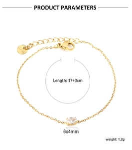 Detail showing product parameters of the gold heart bracelet with a clear zircon stone