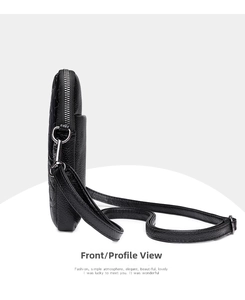 Vue latérale du sac bandoulière en cuir noir avec fermeture éclair et bandoulière