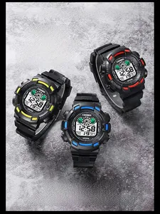 Close-up of three waterproof digital sports watches in red, blue, and yellow accents
