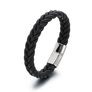 Men's black braided leather bracelet with a polished silver magnetic steel clasp