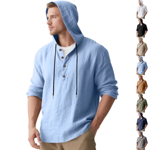 Detail view of cotton linen hooded shirt with Henley neck and multi-color options