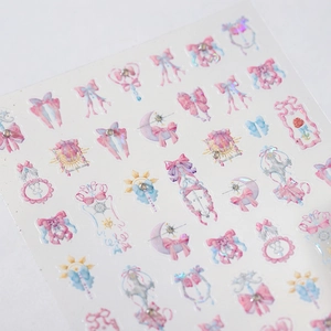 Kawaii matte nail art stickers with bowknot, moon and glitter details on white background