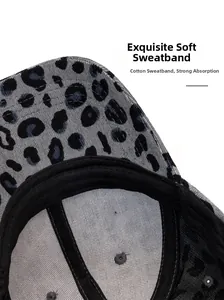 Detail of leopard print corduroy cap showing soft cotton inner sweatband for comfort