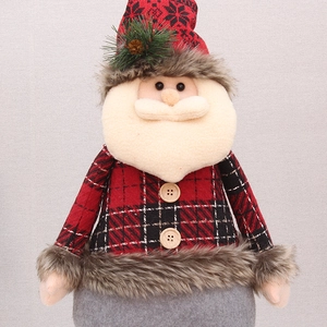 Plush 80cm retractable Santa Claus doll with red plaid and faux fur trim ornament