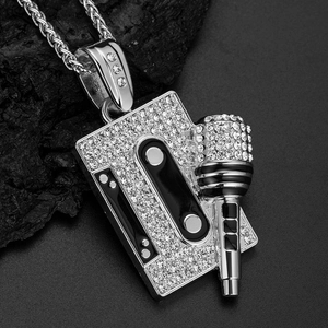 Hip hop silver tape and microphone pendant necklace with sparkling rhinestones for men