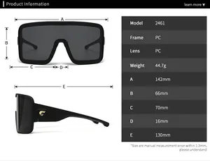 Detailed size specifications and dimensions for these oversized shield square sunglasses