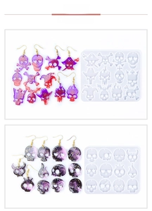 DIY silicone mold for Halloween skull earrings with purple resin jewelry samples