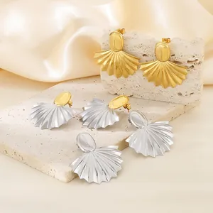 Boucles D'oreilles Puces Éventail En Acier Inoxydable Vintage Avec Cristal De Zircon Plaqué Or 18K Bijoux Géométriques Femmes