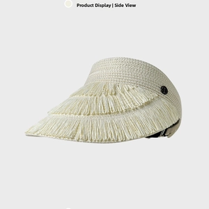 Detail of straw sun visor with triple-layered fringe trim and side adjustable buckle
