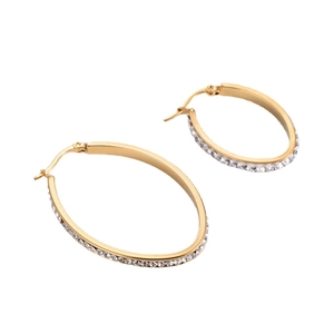 Chic gold-plated oval hoop earrings featuring sparkling rhinestones for a bold fashion look
