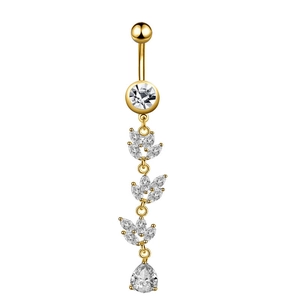 Detailed view of gold belly ring with sparkling zircon leaf and teardrop charms