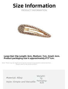 Size specifications for minimalist gold-tone rhinestone hair clips in 6cm, 7cm and 8cm