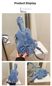Detailed views of a blue denim guitar shaped crossbody bag with embroidery and adjustable strap