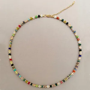 Colorful Natural Stone Beaded Necklace Copper Gold Plated Bohemian Vacation Style Accessory For Women