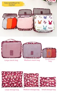 Detail view of 6-piece travel organizer set with floral pattern on light wood background