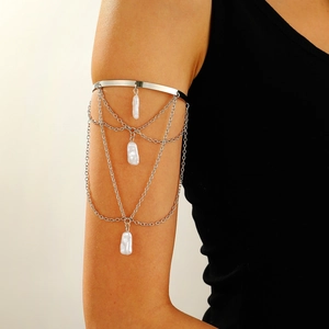 Silver-tone chain armlet with baroque pearls and cascading geometric mesh design