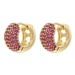 Luxurious gold huggie earrings with pink crystals and hollow heart design on sides