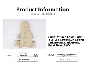 Close-up detail of khaki 4-leg pet coat with striped cuffs and functional harness ring