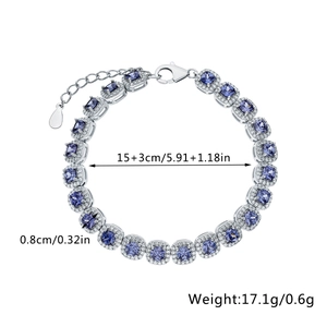 Detail view of S925 silver bracelet with purple square zircons, 15+3cm length and 17.1g