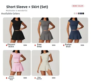 Women's activewear set featuring short sleeve t-shirt and pleated skirt in five matte colors
