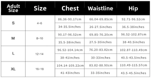 Detailed size chart for women's one-piece swimsuit featuring S-XL dimensions in cm and inches