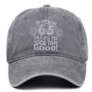 Grey washed cotton baseball cap with 65 years birthday embroidery and vintage style
