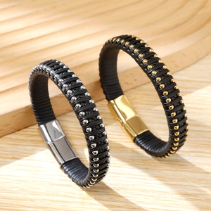 Men Braided Bracelet Microfiber Leather Stainless Steel Magnetic Clasp Rivet Beads Punk Style Handcrafted Fashion Accessories