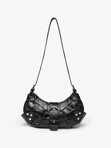 Retro black crocodile pattern hobo bag with silver buckles and rivets on white background