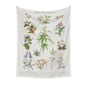 Close-up of botanical tapestry featuring vintage floral plants and scientific names