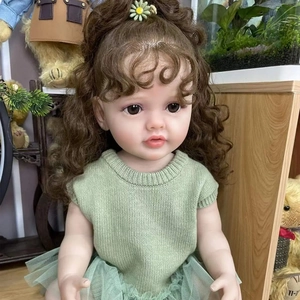 55cm lifelike reborn doll with brown curly hair in green knit vest and mesh dress