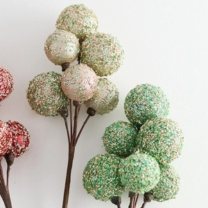 Sparkling Christmas berry picks in red, gold, and green with glitter bead coating