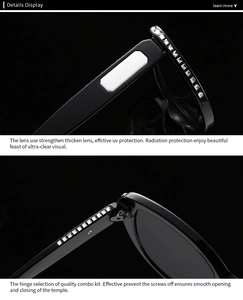 Macro detail of cat-eye sunglasses featuring square rhinestones and sturdy metal hinges