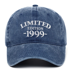 Macro view showing the white embroidery details on a vintage washed blue cotton cap
