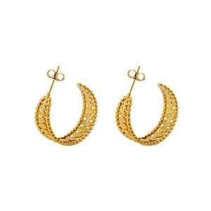 Orecchini a cerchio a C in oro 18K con motivo geometrico a spiga di grano traforata