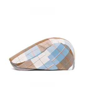 Side view of a vintage plaid newsboy cap with classic blue and orange checkered pattern