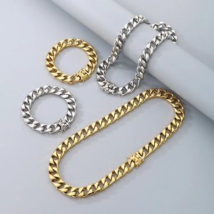 Polished 13mm stainless steel Cuban link necklace and bracelet set in gold and silver