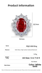 Detailed size specifications for the S925 silver ring featuring an oval red center stone