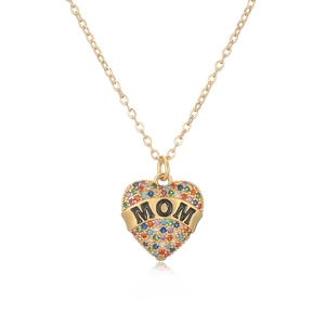 Gold plated heart pendant necklace with colorful zircon and MOM banner on white background