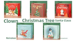 Detailed grid view showing five unique Christmas paper gift bags with woven handles