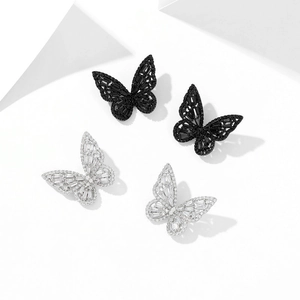 Designer butterfly jewelry set featuring black and silver sparkling zircon butterfly earrings