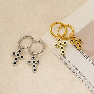 Vintage Cross Pendant Hoop Earrings Stainless Steel 18K Gold Plated With Black Rhinestone Fashion Jewelry For Women