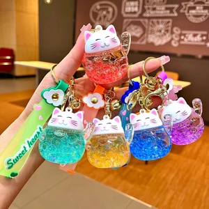 Cute Maneki-neko Lucky Cat Liquid Keychain For Women Girls Bag Charm Pendant Acrylic Moving Sequin Keyring With Strap