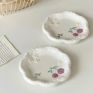 Ceramic Floral Tableware Plates Bowls Spoon Wave Edge Cute Korean Style Breakfast Dessert Cake Dish Microwave Safe Dinnerware