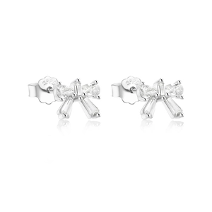 Macro shot of S925 sterling silver bow earrings with zircon stones and hallmark detail