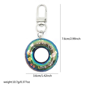 Detailed view of mini lifebuoy keychain with Love print and dimensions in inches and grams