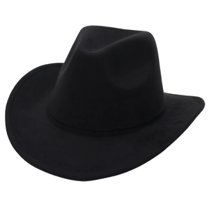 Detailed view of the matte black felt texture and wide brim on a western cowboy fedora