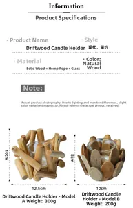 Detailed size parameters for rustic driftwood candle holders with glass and rope accents
