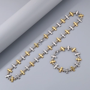 Minimalist stainless steel cross necklace and bracelet set in gold and silver finish